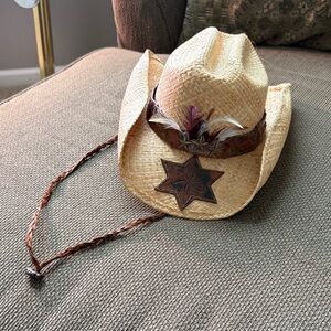 Natural Straw Cowgirl Hat with Brown Star & Feather Band